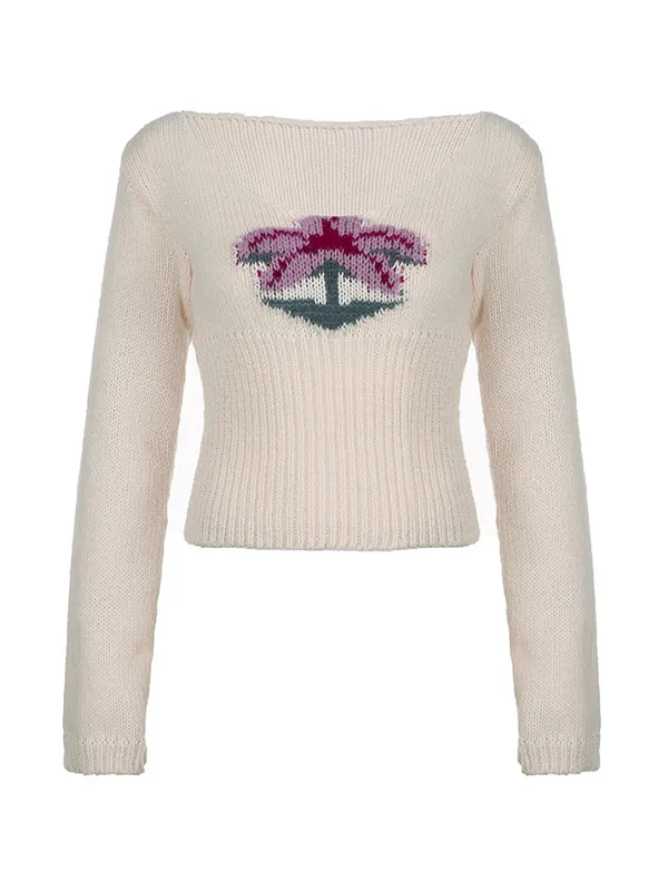 Suéter de punto con cuello en U y jacquard con palmeras de coco