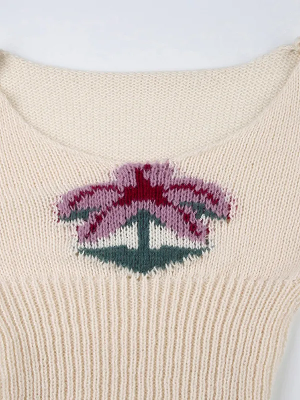 Suéter de punto con cuello en U y jacquard con palmeras de coco