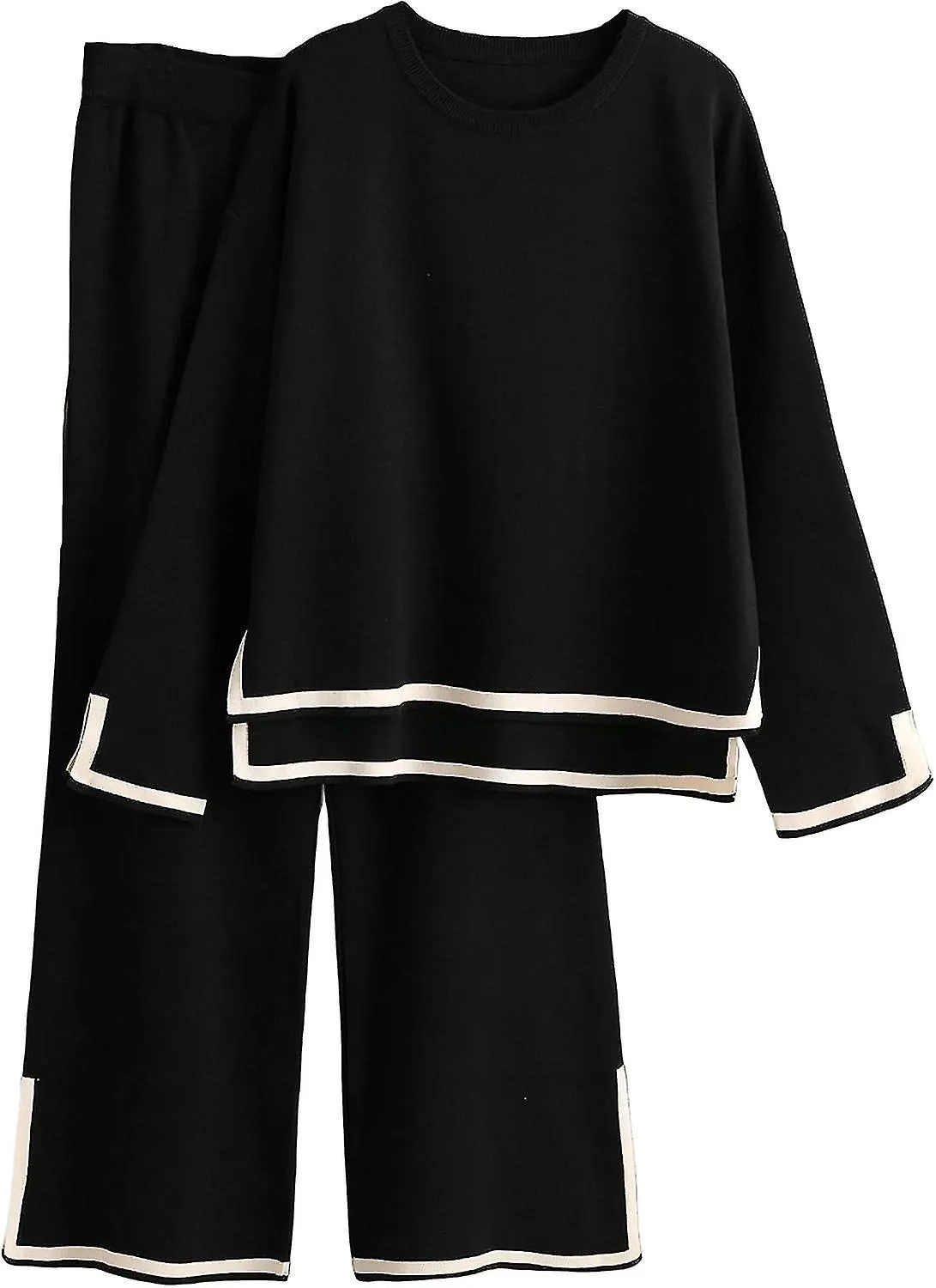 TRAJES DE 2 PIEZAS PARA MUJER SUéTER DE PUNTO DE MANGA LARGA TOP PANTALONES DE PIERNA ANCHA CONJUNTOS DE SALóN CHáNDALESBUENO