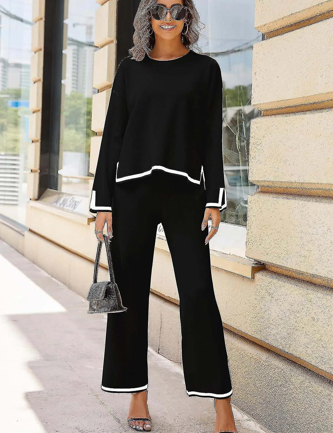 TRAJES DE 2 PIEZAS PARA MUJER SUéTER DE PUNTO DE MANGA LARGA TOP PANTALONES DE PIERNA ANCHA CONJUNTOS DE SALóN CHáNDALESBUENO