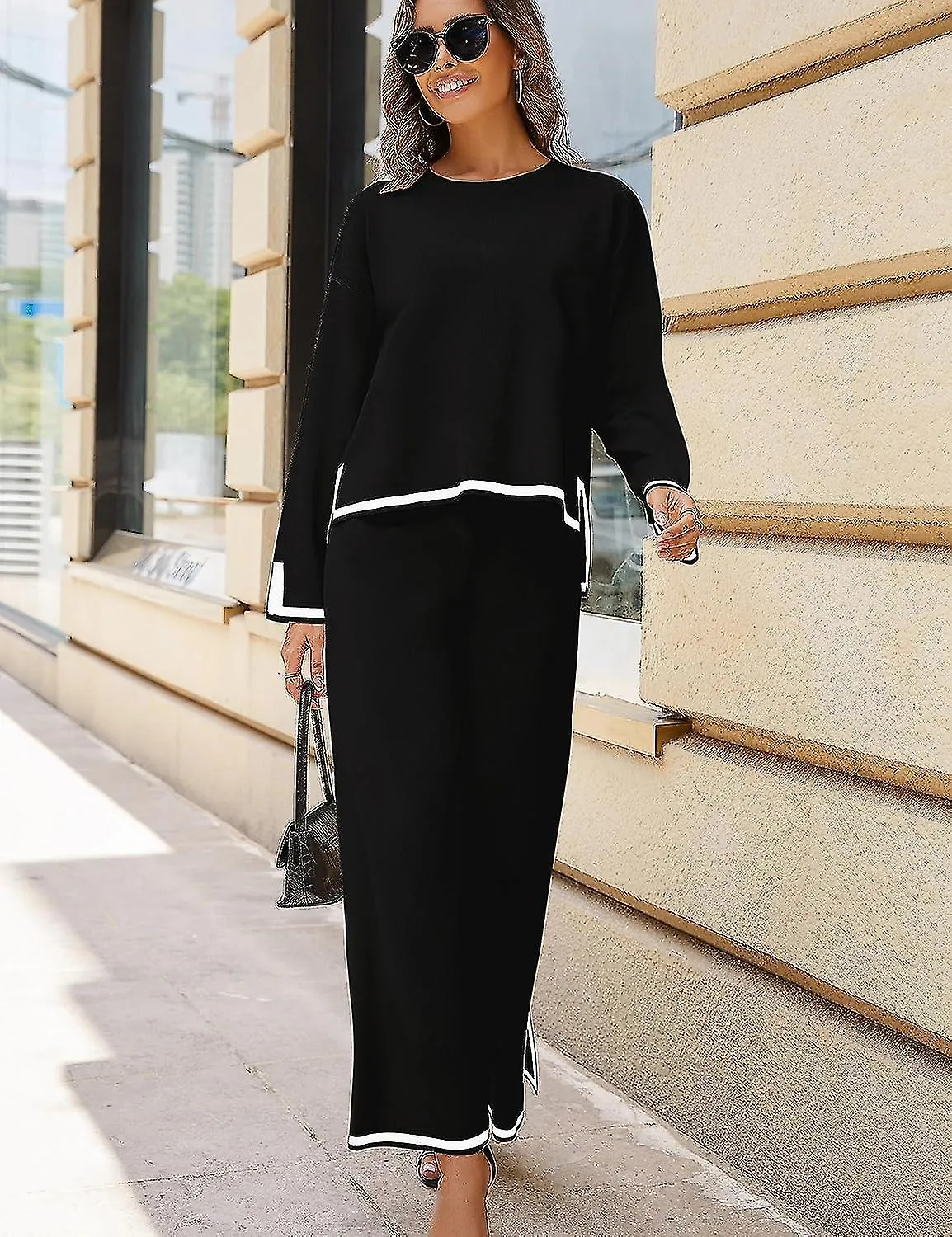 TRAJES DE 2 PIEZAS PARA MUJER SUéTER DE PUNTO DE MANGA LARGA TOP PANTALONES DE PIERNA ANCHA CONJUNTOS DE SALóN CHáNDALESBUENO