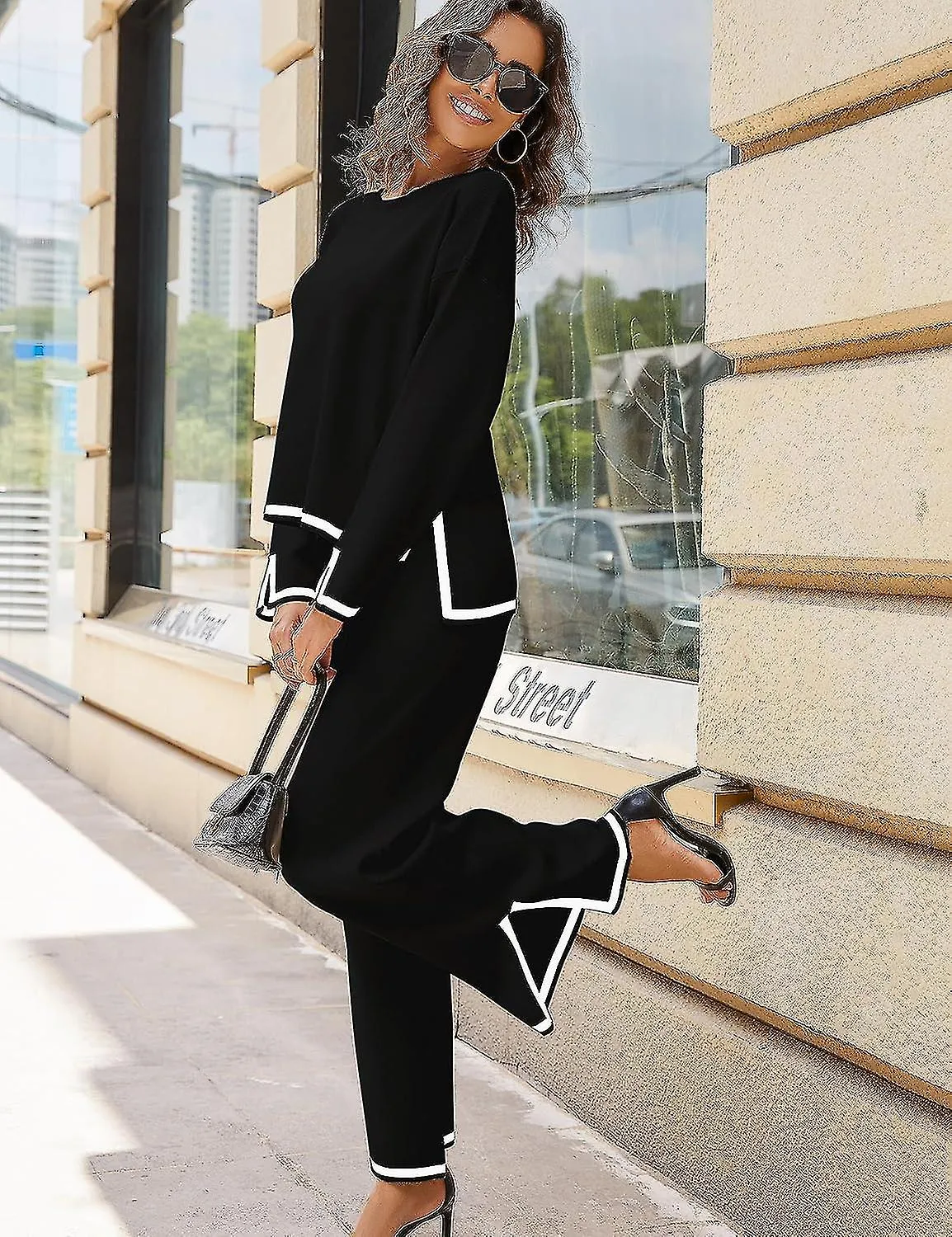 TRAJES DE 2 PIEZAS PARA MUJER SUéTER DE PUNTO DE MANGA LARGA TOP PANTALONES DE PIERNA ANCHA CONJUNTOS DE SALóN CHáNDALESBUENO