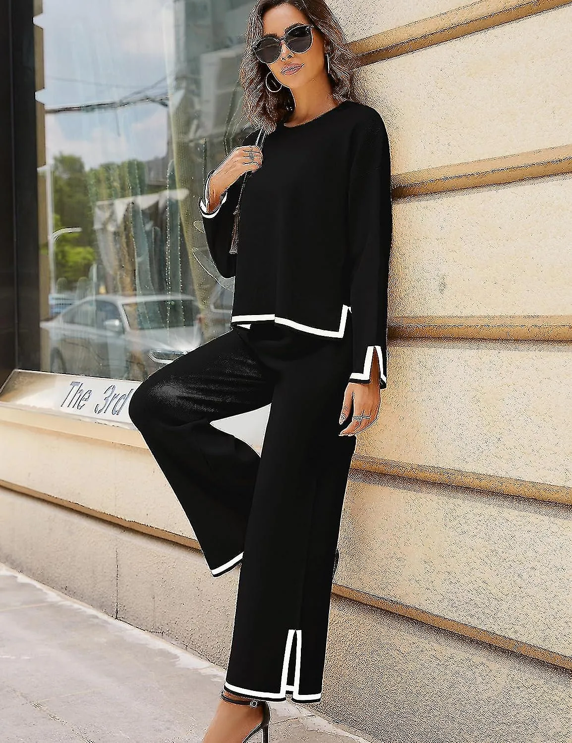 TRAJES DE 2 PIEZAS PARA MUJER SUéTER DE PUNTO DE MANGA LARGA TOP PANTALONES DE PIERNA ANCHA CONJUNTOS DE SALóN CHáNDALESBUENO