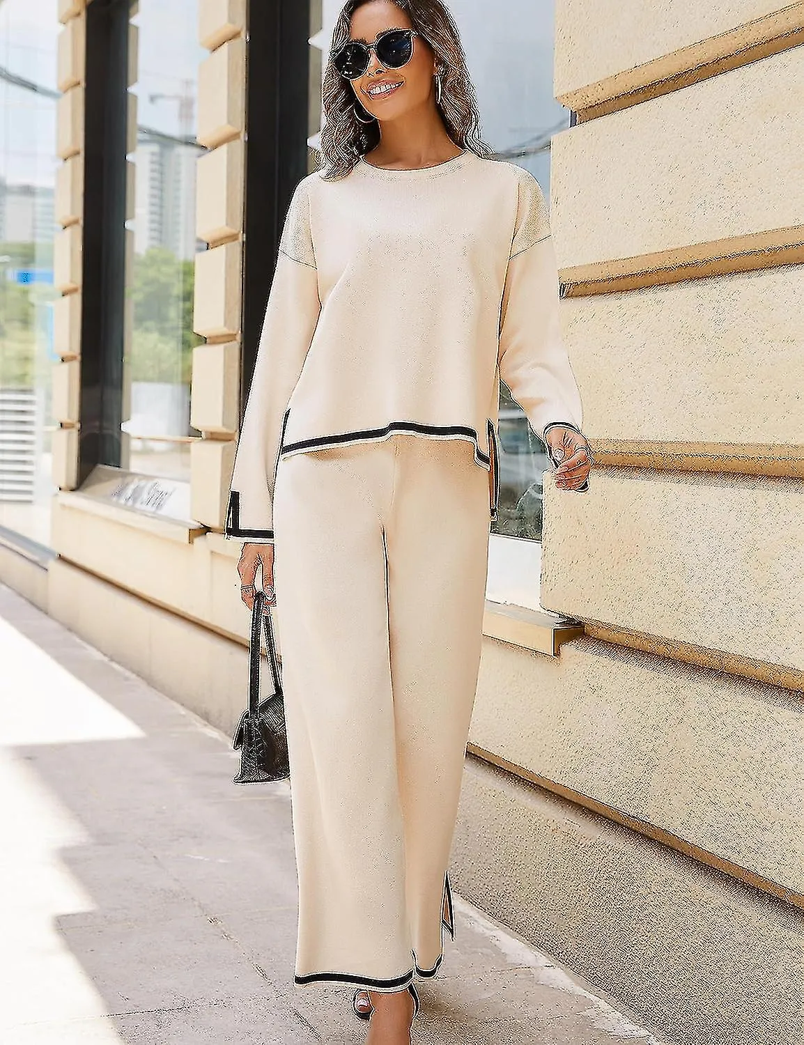 Trajes de 2 piezas para mujer Suéter de punto de manga larga Top Pantalones de pierna ancha Conjuntos de salón Trajes de chándal