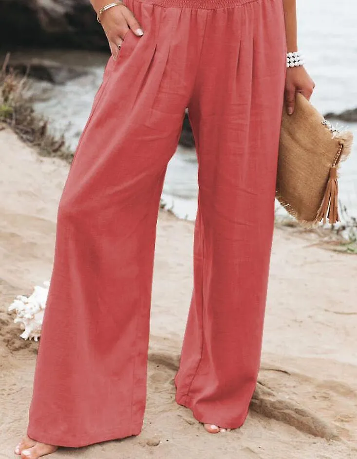 Women Wide Leg Ladies Bottoms Cotton Linen Trousers Long Pants Elasticated Waist