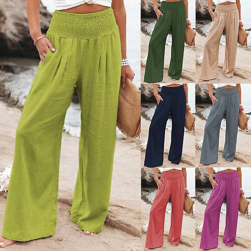 Women Wide Leg Ladies Bottoms Cotton Linen Trousers Long Pants Elasticated Waist