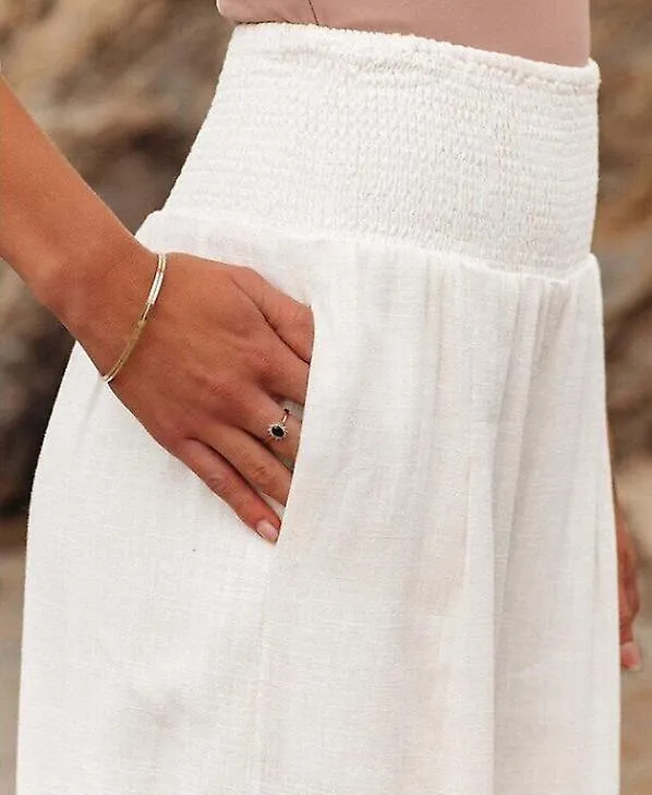 Women Wide Leg Ladies Bottoms Cotton Linen Trousers Long Pants Elasticated Waist